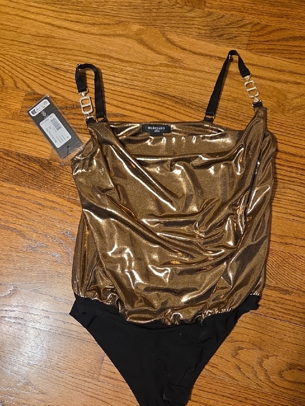 Marciano Gold Metallic Draped Bodysuit with Black Accents